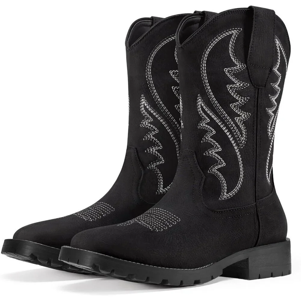 Men's Black Square Toe Chunky Heel Mid-calf Classic Embroidered Pull On Boots